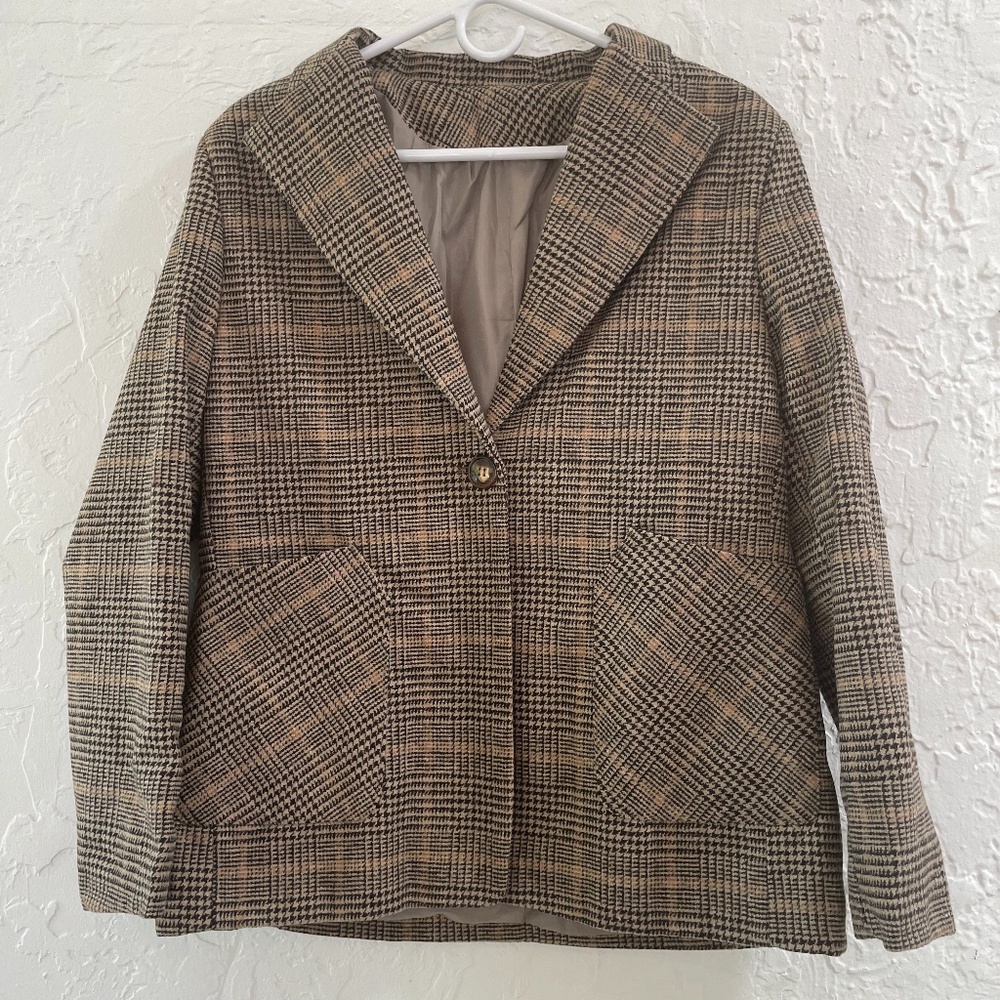 Button-up Plaid Blazer Overcoat